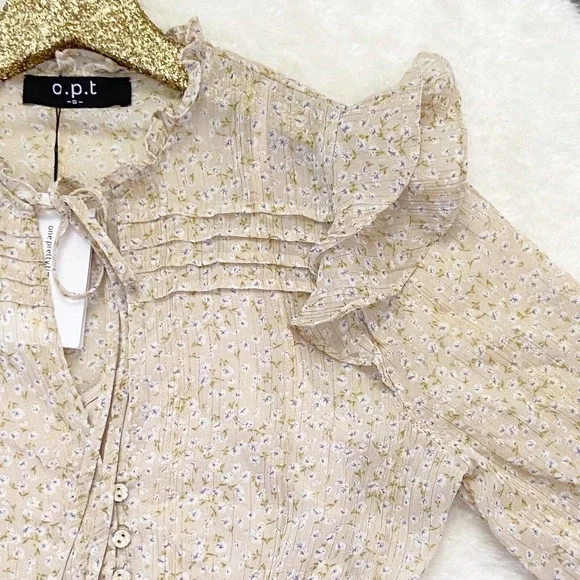 O.P.T Dress Floral Tiered Midi Neutral Chiffon Beige Gold Prairie Dress - Picture 6 of 12